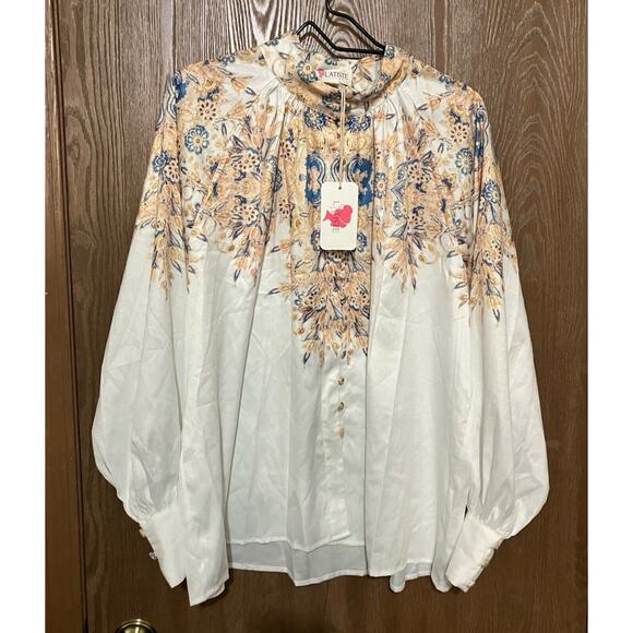 L'ATISTE by Amy Button 1X Mandarin Collar Satin Printed Dress Blouse Brand New - Picture 16 of 16